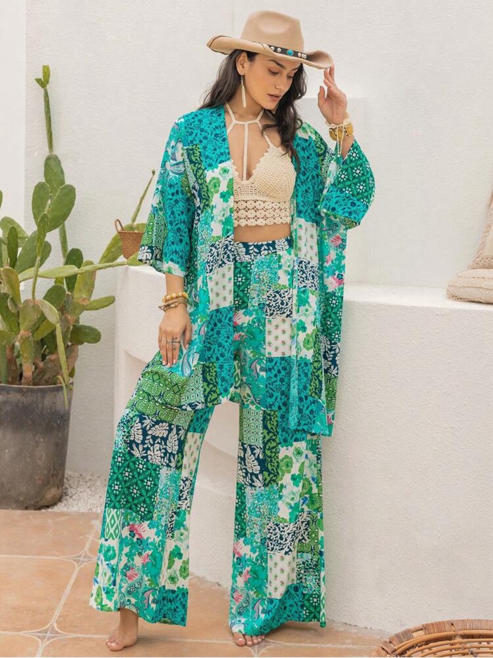 NEW Boho Print Kimono & High Waisted Wide Leg Pants Matching Coord 2 Piece Set